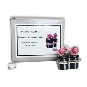 New Porcelain Trinket Box Pink Pom Pom Pumps High Heel Shoes with Garter